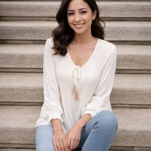 Melissa Paige Cream Pleated Peasant Blouse with Tassel Tie